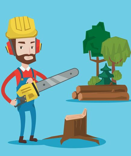  A cartoon sawyer trimming a tree